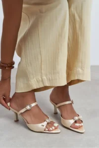 Nisantasi Shoes Calista BEIGE Satin Hair Clip Detailed Pointed toe Women Heels Slippers - Image 2