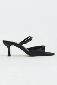 Nisantasi Shoes CALISTA Black Satin Hair Clip Detailed Pointed toe Women Heels Slippers