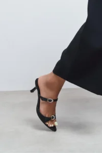 Nisantasi Shoes CALISTA Black Satin Hair Clip Detailed Pointed toe Women Heels Slippers - Image 2