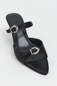 Nisantasi Shoes CALISTA Black Satin Hair Clip Detailed Pointed toe Women Heels Slippers - Image 4