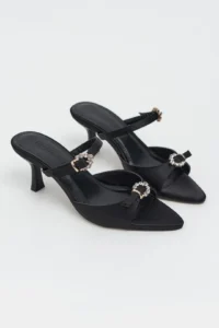 Nisantasi Shoes CALISTA Black Satin Hair Clip Detailed Pointed toe Women Heels Slippers - Image 6