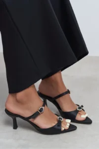 Nisantasi Shoes CALISTA Black Satin Hair Clip Detailed Pointed toe Women Heels Slippers - Image 7