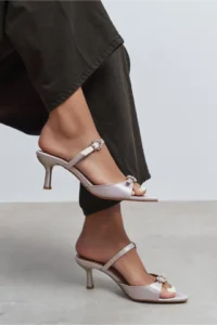 Nisantasi Shoes Calista Dark BEIGE Satin Hair Clip Detailed Pointed toe Women Heels Slippers - Image 7