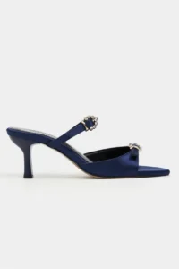 Nisantasi Shoes CALISTA NAVY BLUE Satin Hair Clip Detailed Pointed toe Women Heels Slippers