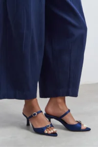 Nisantasi Shoes CALISTA NAVY BLUE Satin Hair Clip Detailed Pointed toe Women Heels Slippers - Image 2