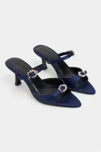 Nisantasi Shoes CALISTA NAVY BLUE Satin Hair Clip Detailed Pointed toe Women Heels Slippers - Image 6