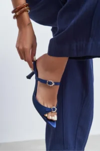Nisantasi Shoes CALISTA NAVY BLUE Satin Hair Clip Detailed Pointed toe Women Heels Slippers - Image 7