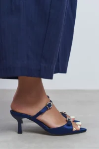 Nisantasi Shoes CALISTA NAVY BLUE Satin Hair Clip Detailed Pointed toe Women Heels Slippers - Image 8