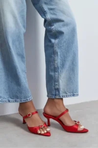 Nisantasi Shoes Calista Red Satin Hair Clip Detailed Pointed toe Women Heels Slippers - Image 2