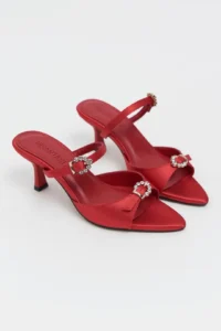 Nisantasi Shoes Calista Red Satin Hair Clip Detailed Pointed toe Women Heels Slippers - Image 6