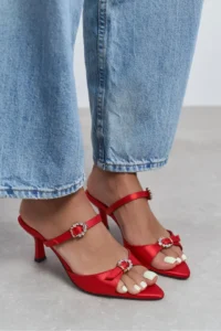 Nisantasi Shoes Calista Red Satin Hair Clip Detailed Pointed toe Women Heels Slippers - Image 8