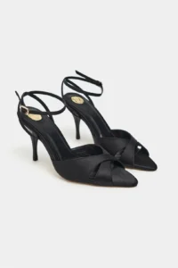 Nisantasi Shoes MONICA Black Satin Bilek Belt Detailed Women Thin Heels Shoes