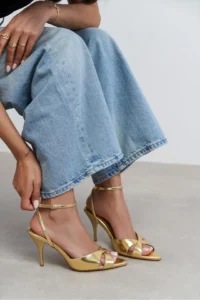 Nisantasi Shoes MONICA Gold Metallic Bilek Belt Detailed Women Thin Heels Shoes - Image 6