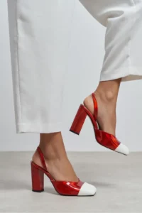 Nisantasi Shoes Solea Red Patent WHITE Toe Detailed Back Elastic Thick Heels Women Shoes