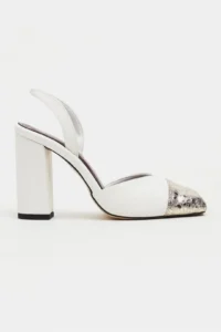 Nisantasi Shoes Solea WHITE MATTE Gold Toe Detailed Back Elastic Thick Heels Women Shoes - Image 3