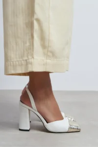 Nisantasi Shoes Solea WHITE MATTE Gold Toe Detailed Back Elastic Thick Heels Women Shoes - Image 8