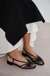 Nisantasi Shoes Leny Black Satin Piped 1-2 Cm Thick Heels Women Sandals Flats - Image 5
