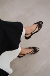 Nisantasi Shoes Leny Black Satin Piped 1-2 Cm Thick Heels Women Sandals Flats - Image 6