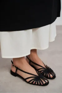 Nisantasi Shoes Leny Black Satin Piped 1-2 Cm Thick Heels Women Sandals Flats - Image 7