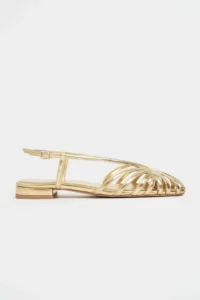 Nisantasi Shoes Leny Gold Metallic Piped 1-2 Cm Thick Heels Women Sandals Flats