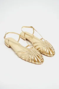 Nisantasi Shoes Leny Gold Metallic Piped 1-2 Cm Thick Heels Women Sandals Flats - Image 5