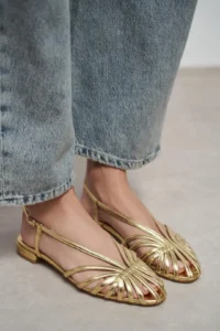 Nisantasi Shoes Leny Gold Metallic Piped 1-2 Cm Thick Heels Women Sandals Flats - Image 6