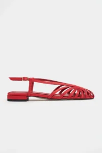 Nisantasi Shoes Leny Red Satin Piped 1-2 Cm Thick Heels Women Sandals Flats