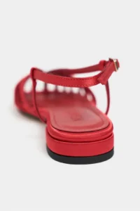 Nisantasi Shoes Leny Red Satin Piped 1-2 Cm Thick Heels Women Sandals Flats - Image 4