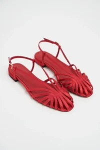 Nisantasi Shoes Leny Red Satin Piped 1-2 Cm Thick Heels Women Sandals Flats - Image 5