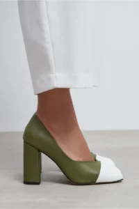 Nisantasi Shoes Emily Khaki MATTE WHITE Toe Detailed Back Closed Thick Heels Women Shoes
