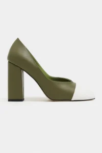 Nisantasi Shoes Emily Khaki MATTE WHITE Toe Detailed Back Closed Thick Heels Women Shoes - Image 3