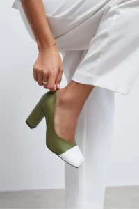 Nisantasi Shoes Emily Khaki MATTE WHITE Toe Detailed Back Closed Thick Heels Women Shoes - Image 7