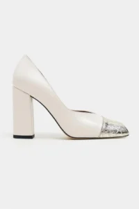Nisantasi Shoes Emily PEARL MATTE Gold Toe Detailed Back Closed Thick Heels Women Shoes