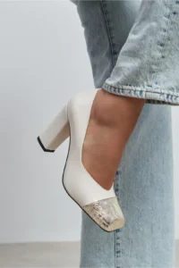 Nisantasi Shoes Emily PEARL MATTE Gold Toe Detailed Back Closed Thick Heels Women Shoes - Image 2