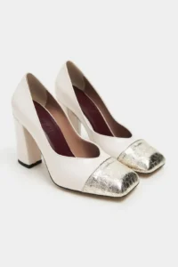 Nisantasi Shoes Emily PEARL MATTE Gold Toe Detailed Back Closed Thick Heels Women Shoes - Image 6