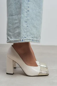 Nisantasi Shoes Emily PEARL MATTE Gold Toe Detailed Back Closed Thick Heels Women Shoes - Image 8