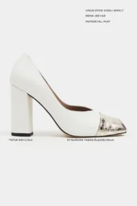 Nisantasi Shoes Emily WHITE MATTE Gold Toe Detailed Back Closed Thick Heels Women Shoes - Image 2