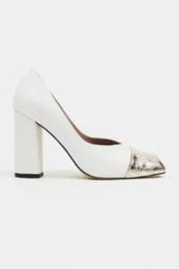 Nisantasi Shoes Emily WHITE MATTE Gold Toe Detailed Back Closed Thick Heels Women Shoes - Image 3