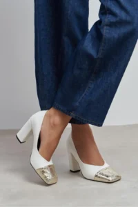 Nisantasi Shoes Emily WHITE MATTE Gold Toe Detailed Back Closed Thick Heels Women Shoes - Image 8
