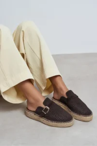 Nisantasi Shoes Maren Brown Suede Leather Lazer Delikli Hair Clip Detailed Wicker Taban Women Espadrille Slippers - Image 2