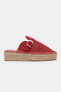 Nisantasi Shoes Maren Red SUEDE Leather Lazer Delikli Hair Clip Detailed Wicker Taban Women Espadrille Slippers