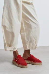 Nisantasi Shoes Maren Red SUEDE Leather Lazer Delikli Hair Clip Detailed Wicker Taban Women Espadrille Slippers - Image 10