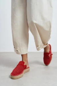 Nisantasi Shoes Maren Red SUEDE Leather Lazer Delikli Hair Clip Detailed Wicker Taban Women Espadrille Slippers - Image 2