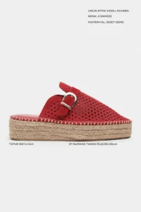 Nisantasi Shoes Maren Red SUEDE Leather Lazer Delikli Hair Clip Detailed Wicker Taban Women Espadrille Slippers - Image 3