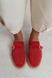 Nisantasi Shoes Maren Red SUEDE Leather Lazer Delikli Hair Clip Detailed Wicker Taban Women Espadrille Slippers - Image 7