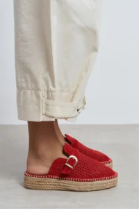 Nisantasi Shoes Maren Red SUEDE Leather Lazer Delikli Hair Clip Detailed Wicker Taban Women Espadrille Slippers - Image 8