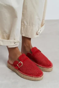 Nisantasi Shoes Maren Red SUEDE Leather Lazer Delikli Hair Clip Detailed Wicker Taban Women Espadrille Slippers - Image 9