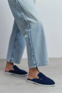 Nisantasi Shoes Letty NAVY BLUE Suede Leather Flat Sole Women Loafer Slippers - Image 2