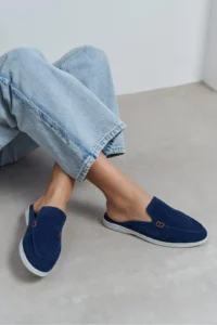 Nisantasi Shoes Letty NAVY BLUE Suede Leather Flat Sole Women Loafer Slippers - Image 7