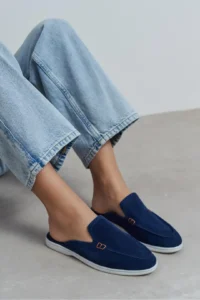 Nisantasi Shoes Letty NAVY BLUE Suede Leather Flat Sole Women Loafer Slippers - Image 8